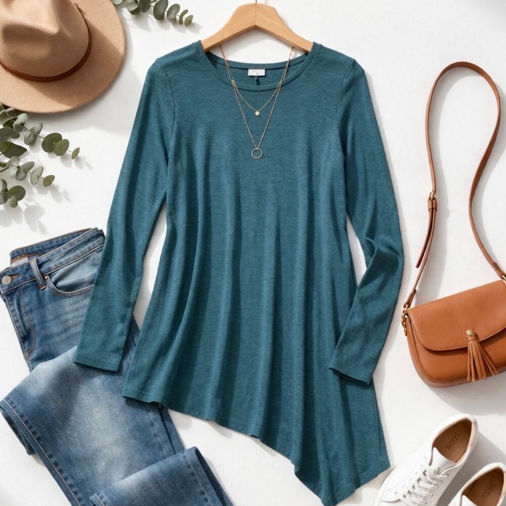 CAbi Small Teal Blue Rayon Knit Tunic Top Asymmetrical Hem Relaxed Fit
